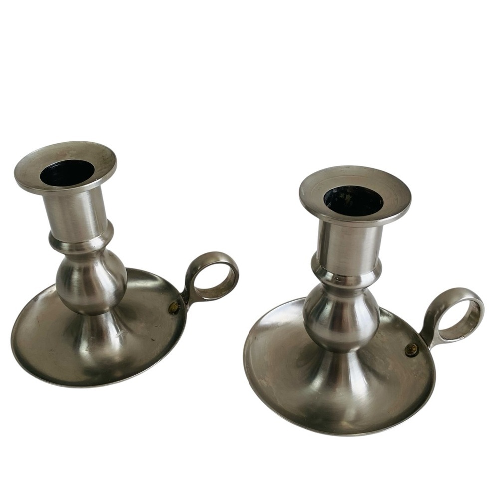 Set Of 2 Pewter Chamberstick Candle Holders Made in Portugal 4.5“ x 4.5“